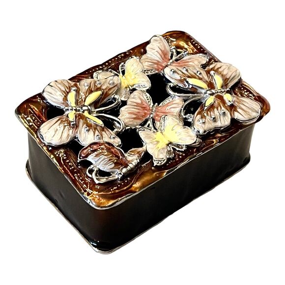 VTG Metal TRINKET BOX Enameled Butterfly Keepsake Open Metalwork Lid 3" Treasure - Picture 2 of 7
